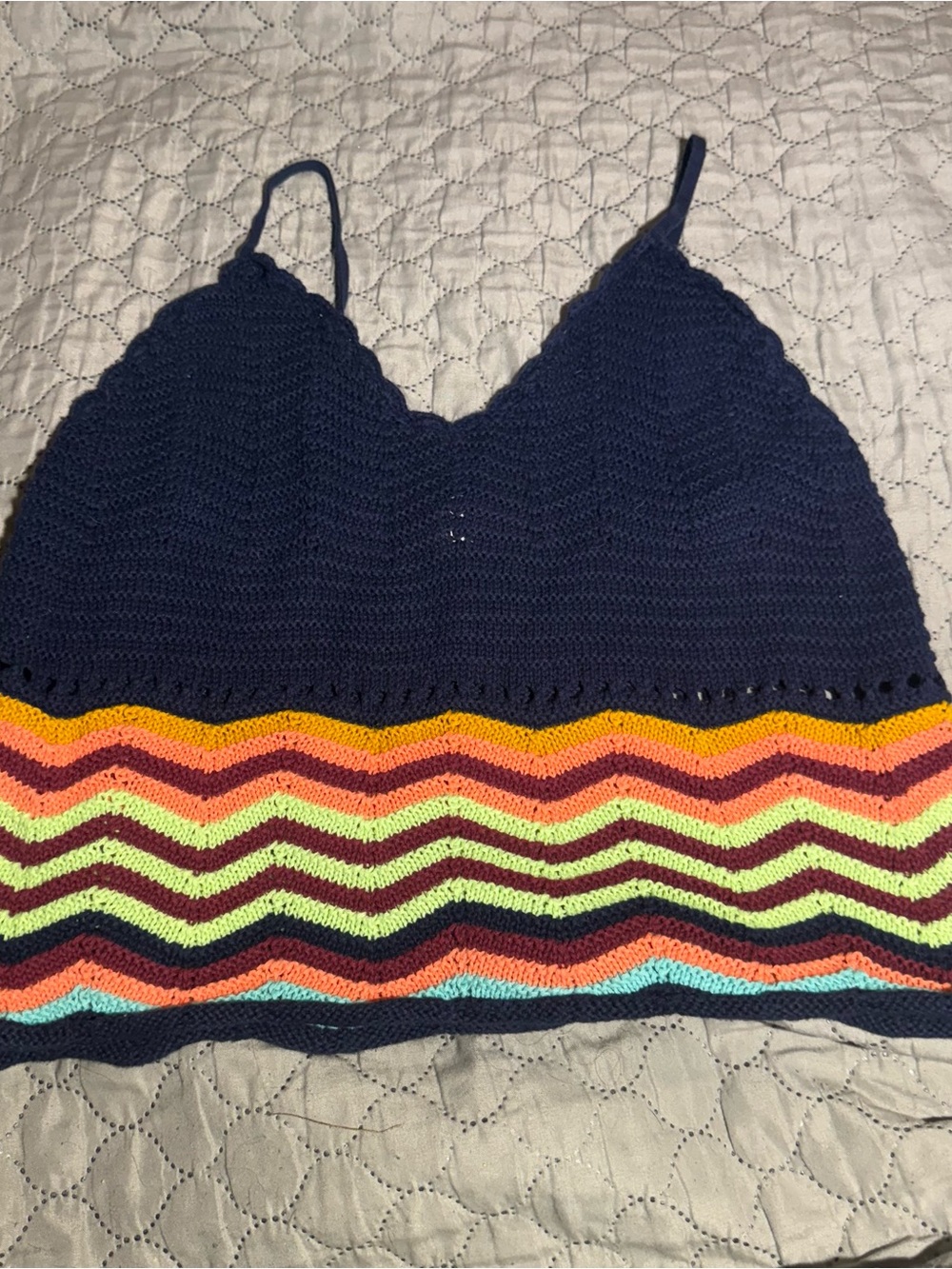 Y2K Mossimo 100 Cotton Crochet Knit Sweater Tank Top Rainbow Chevron Festival M